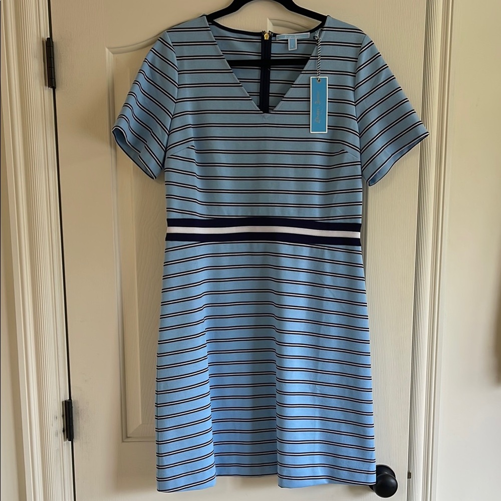 Draper James Blue and White A-Line Mini Dress with V-Neck